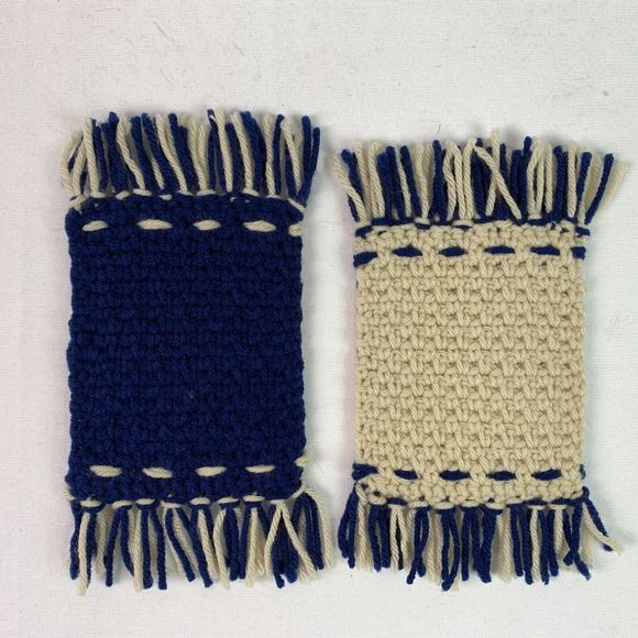 Mug Rugs Coasters Handmade Crochet Navy Blue Beige Fringe Felt Back Set of 4 - Picture 5 of 10